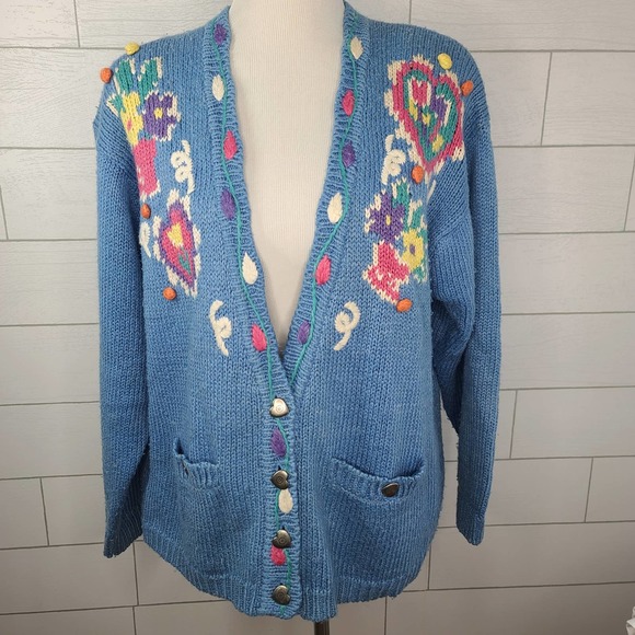 Jantzen Vintage Cardigan Blue Pink XL Spring Floral Hand Embroidered Pockets - Picture 9 of 14